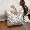 Silver metallic quilted tote bag with diamond lattice pattern and off-white strap - White