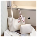 Detail of off-white tote bag set with silk scarf accent and matching inner pouch - Tote And Pouch Set / Off White