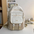 Detail view of the multi-pocket school backpack with stylish white plastic buckles - No Charms / Khaki