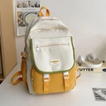 Detail of color-block school backpack with functional pockets and buckle closure design - No Charms / Yellow