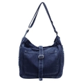 Dark blue denim tote bag with vintage frayed edges and adjustable silver strap buckle - Dark Blue