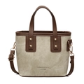 Sac seau rétro en toile beige et cuir marron pour le trajet quotidien des femmes - Blanc et Marron