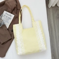 Light yellow canvas tote bag with white lace trim and shoulder straps for women - Yellow