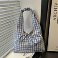 Blue and white gingham tote bag in cotton with drawstring detail and Korean style - Blue