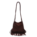 Sac seau en daim marron foncé avec de longues franges et une bandoulière rétro - Café
