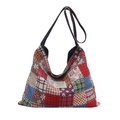 Versatile canvas tote bag featuring vibrant patchwork patterns with spacious interior - Leather Strap Style