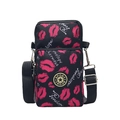 Mini black crossbody phone bag with pink lips print and dual zipper pockets - Lips Print
