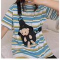 Detail of cute black canvas crossbody bag with 3D plush bear and adjustable strap - Black