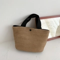 Natural woven beach tote bag with black fabric handles and snap closure for summer - Black