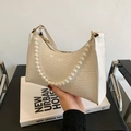 White faux crocodile leather underarm bag with decorative pearl handle and gold zipper - White