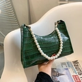 Dark green crocodile pattern underarm bag featuring a large pearl handle and gold zipper - Green