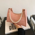 Pink faux crocodile leather underarm bag with elegant large pearl handle strap - Pink