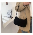 Retro black corduroy baguette bag with silver metal chain strap and velvet texture - Metal Chain Style / Black Chain