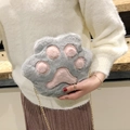 Mini plush cat paw crossbody bag in grey and pink with a golden metal chain strap - Gray
