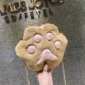 Cute brown plush bear paw mini bag with pink velvet details and gold chain strap - Brown