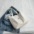 Bolso tote minimalista de pana blanca con etiqueta de moda y gran capacidad - Blanco Roto
