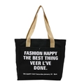 Black canvas tote bag with contrast khaki handles and bold white typographic print - 37*30 / Black