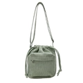 Sage green corduroy drawstring bucket bag with adjustable strap and front flap pocket - Green