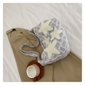 Canvas dumpling bag with herringbone pattern and plush star patches in grey and white - Gray
