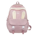 Mochila escolar rosa linda para niñas con orejas de conejo 3D y hebillas elegantes - Rosa