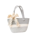 Summer hand-woven tote bag in grey and white patchwork with elegant lace bow detail - With Scarf / Gray