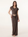 Set marrone in maglia a coste con crop top scollo a V e gonna lunga con coulisse a vita bassa - XS / caffè