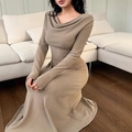 Slim fit khaki long sleeve cowl neck dress with high stretch modal fabric for women - S / Khaki