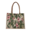 Retro beige canvas tote bag with pink floral jacquard pattern and sturdy top handles - Green Background Pink Flower (Style 3)
