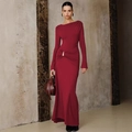 Elegantes burgunderrotes Langarm-Maxikleid mit Taillenknoten und Gold-Schnalle - S / Burgunderrot