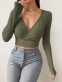 Detailed texture of olive green ribbed knit fabric and deep V-neck wrap design - S / Green