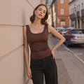 Deep brown slim fit sleeveless tank top with U-neck for summer street style - XS / Coffee