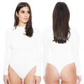 Front and back view of a sleek white long sleeve crewneck bodysuit with thong cut - Round Neck Thong Style (1202-White)