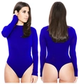 Detailed close-up of royal blue long sleeve bodysuit with crew neck and high-cut leg design - Round Neck Thong Style (1202-Blue)