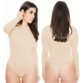 Front and back view of a beige long-sleeve bodysuit with high-elastic knit fabric - Round Neck Thong Style (1202-Apricot)