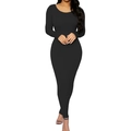 Slim fit black long sleeve midi dress with round neck in soft elastic fabric - S / Black