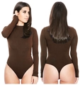 Front and back view of brown long sleeve high neck bodysuit with thong cut design - Round Neck Thong Style (1202-Brown)