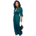 Detail of dark green wide-leg jumpsuit with lapel collar and drawstring waist belt - S / Dark Green