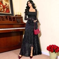 Abito elegante in tulle nero con jacquard di rose 3D, scollo quadrato e orlo asimmetrico - S / Nero