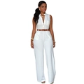 Combinaison blanche sans manches avec col boutonné et ceinture marron, style minimaliste - S / Blanc