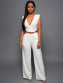Detail of white V-neck sleeveless jumpsuit featuring a slim fit and brown belt - S / White