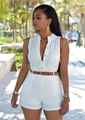 Detail of white sleeveless romper with V-neck, metal buttons and brown leather belt - S / White