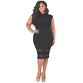 Vestido ajustado negro de talla grande con cuello alto e inserciones de malla - XL / Negro