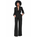 Elegant black long sleeve wide leg jumpsuit with deep V-neck and waist belt - S / Black