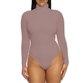 Detail of slim fit turtleneck bodysuit in dusty rose pink with soft ribbed fabric - Apricot