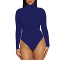 Detail of navy blue high neck long sleeve bodysuit showing slim fit and elastic knit fabric - Dark Blue