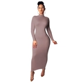 Detail of high neck long sleeve bodycon maxi dress in mauve with ribbed texture fabric - Apricot