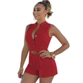 Detail of red sleeveless romper with V-neckline, gold buttons and brown leather belt - S / Set / Red