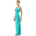 Detail of turquoise slim fit sleeveless dress with side ruching and a high slit - Light Blue
