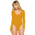 Close-up of ginger yellow bodysuit featuring a deep U-neck and silver metal zipper detail - S / Yellow