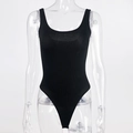 Detailed view of black ribbed knit bodysuit featuring a wide strap U-neckline and high stretch - S / Black